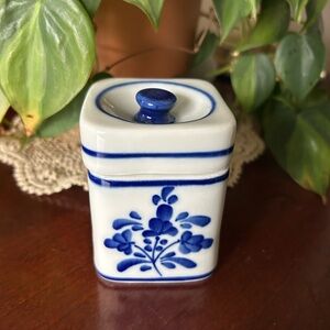 Blue and White Floral Ceramic Trinket Jar